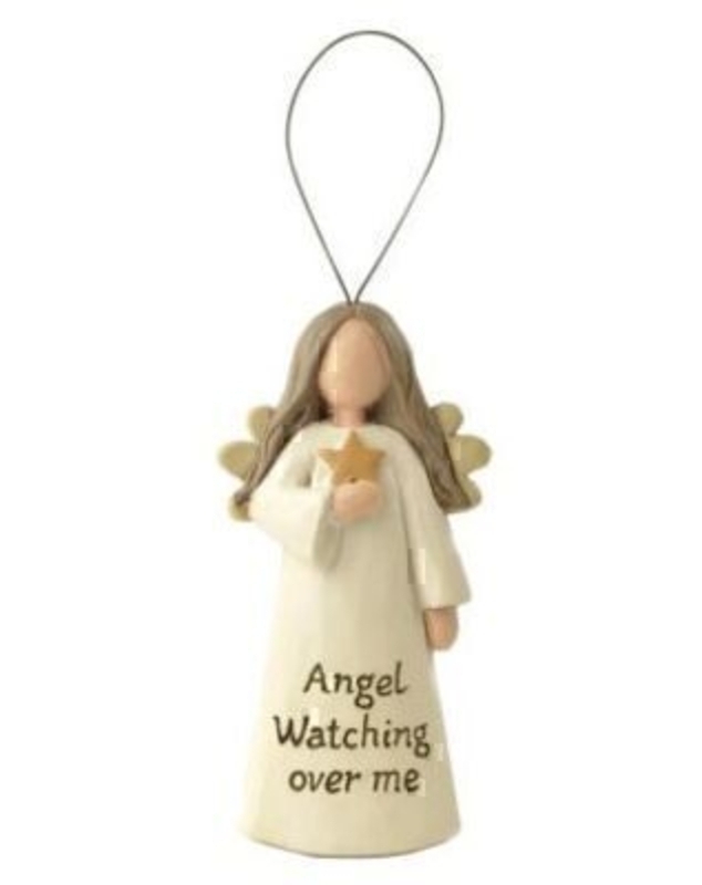 This Hanging Angel Decoration with the quote Angel Watching Over Me by Heaven Sends would be a lovely gift for anyone. Featuring an angel in a cream dress holding a star and with the quote written below on the dress. The Angel decoration also has a hangin
